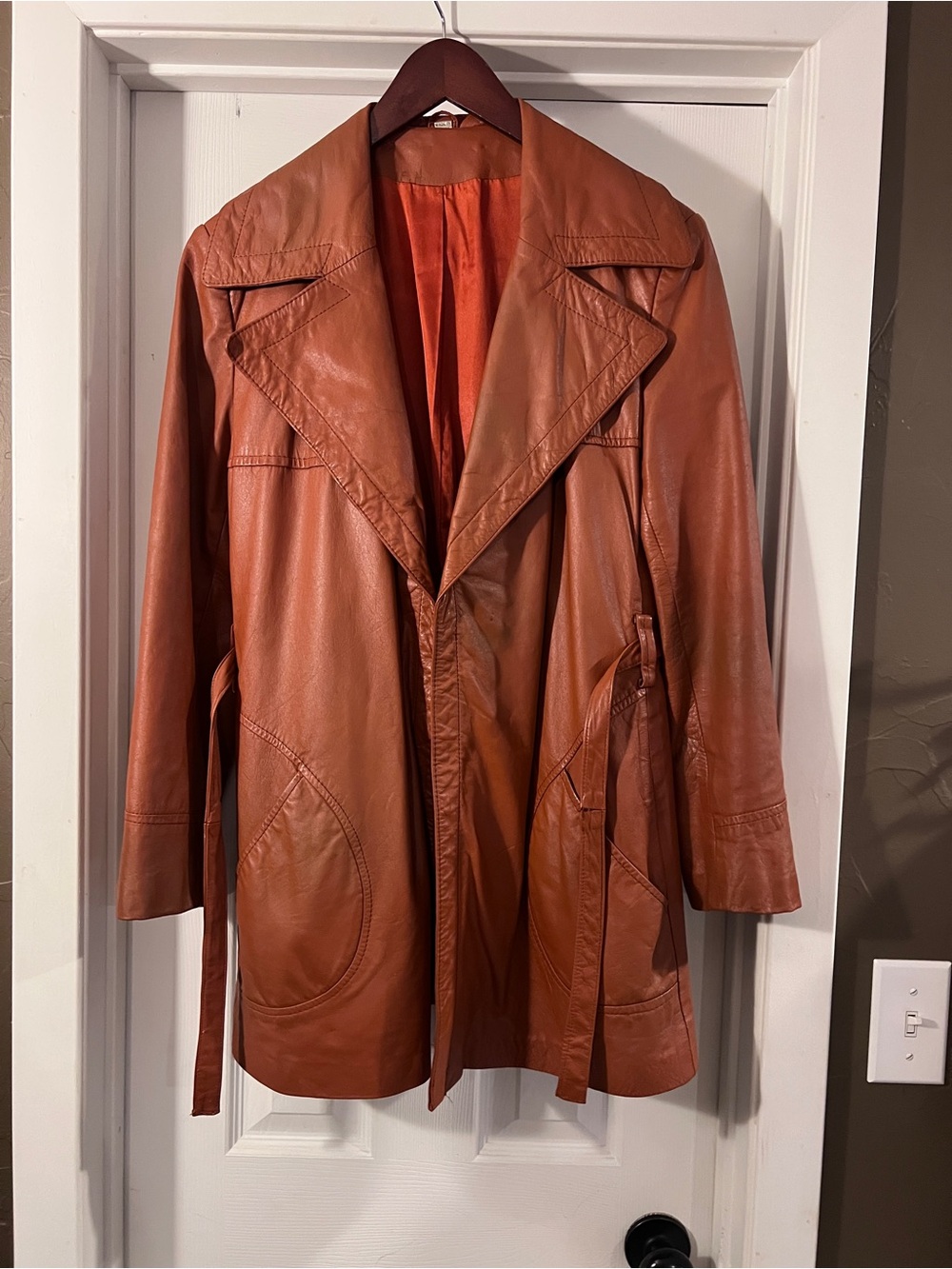 Women's Orange Brown Leather Trench Jacket